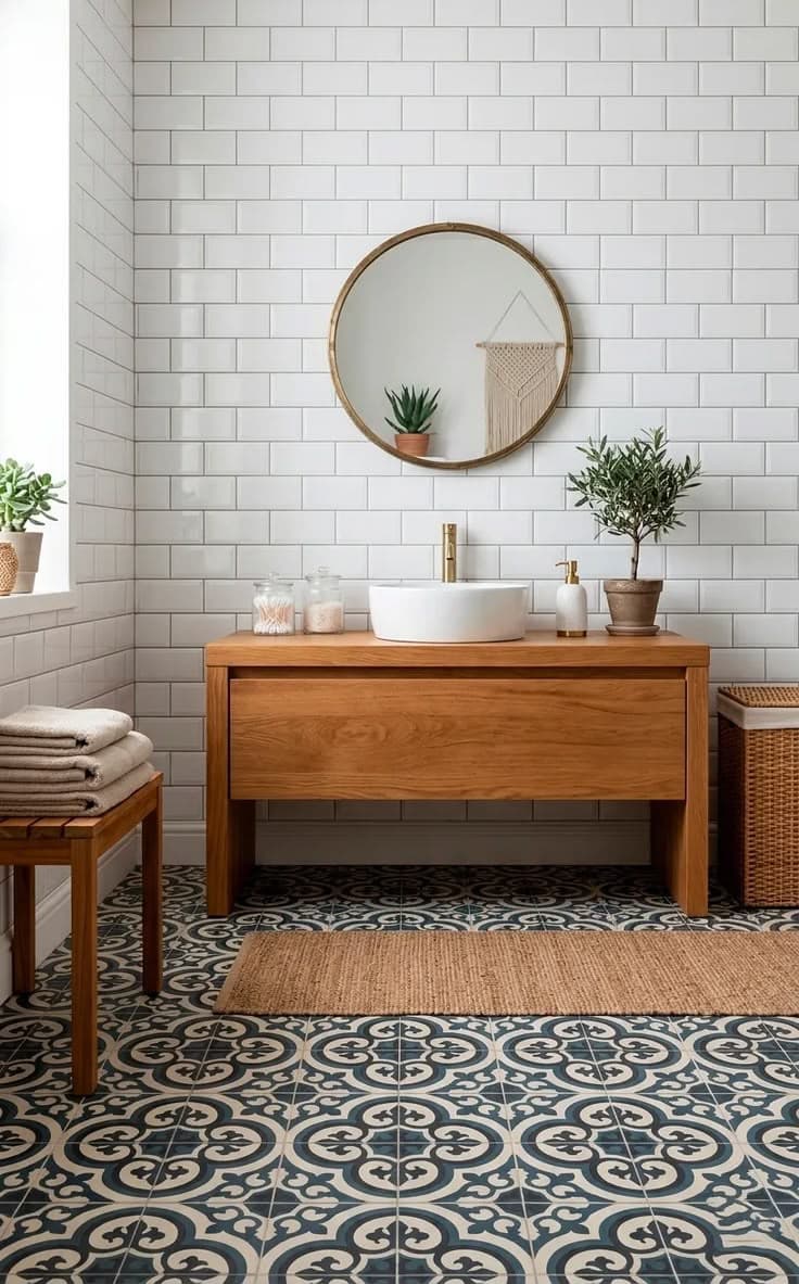Modern Ahşap Banyo Dolabı ve Yuvarlak Ayna Seti